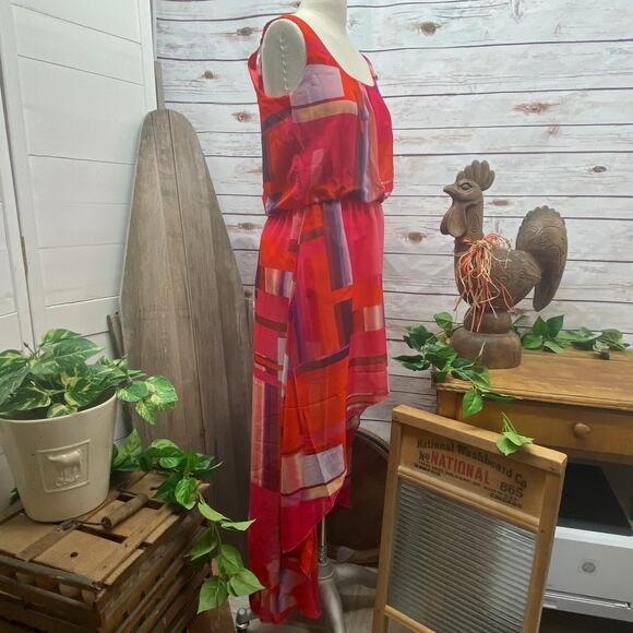 SNAP Hi-Low Colorblock Sleeveless Summer Dress Elastic Gathered Waist Size M - Picture 2 of 10